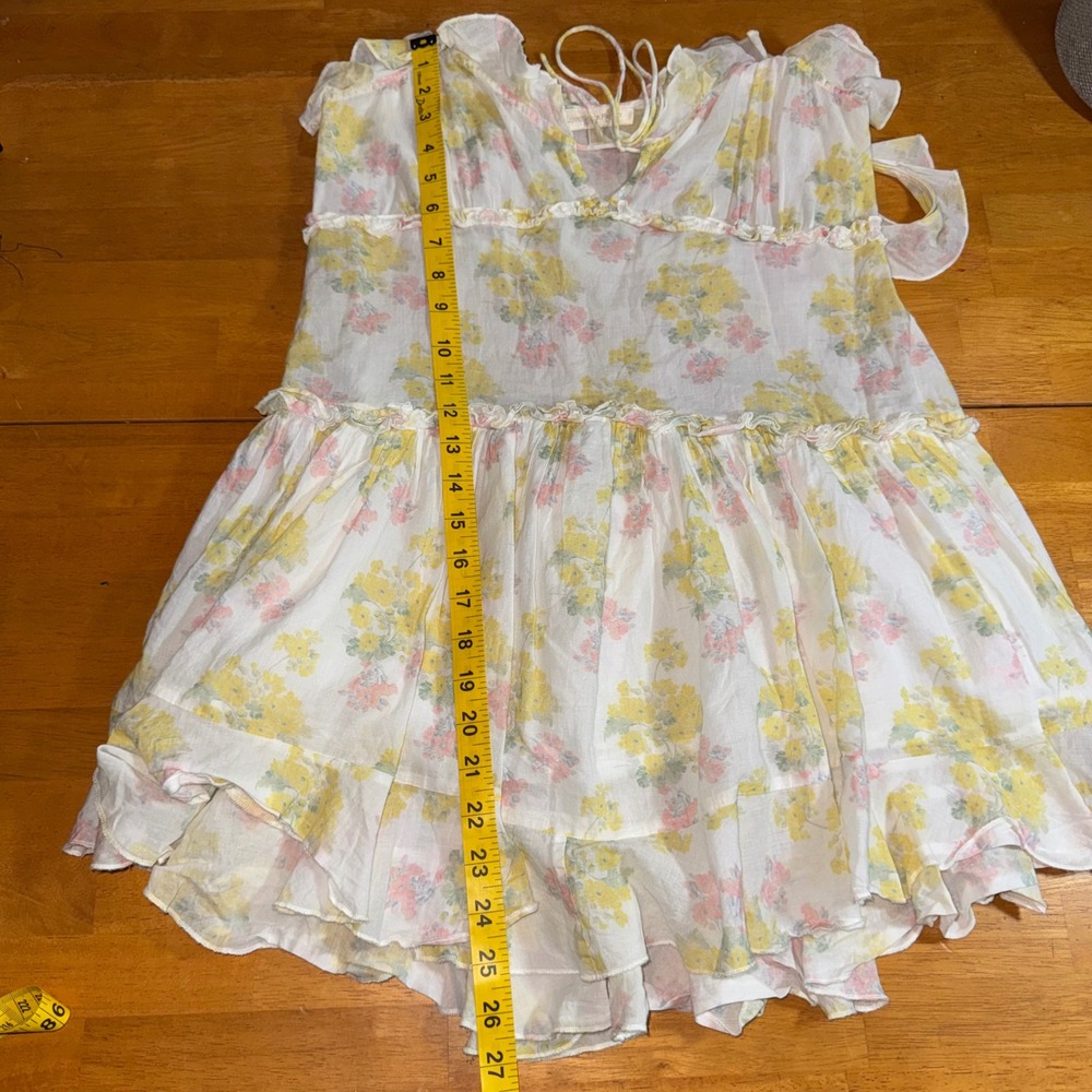 LoveShackFancy Yellow Floral Cotton Tiered Mini Dress Ruffle Straps Size Small - Picture 6 of 9